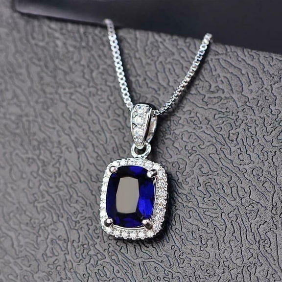 3Ct Cushion Cut Blue Sapphire Diamond Halo Pendant Necklace 14K White Gold Plated Silver