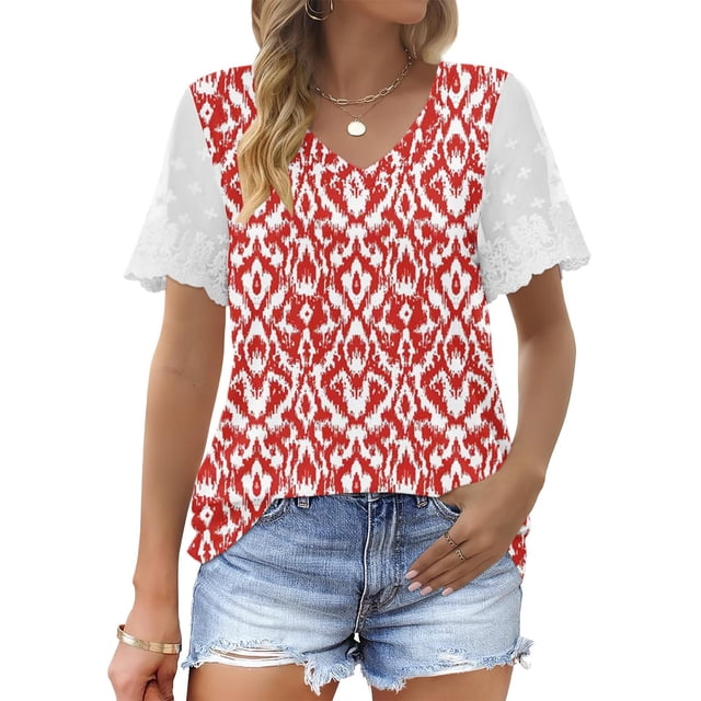 Fashion Woman Casual V-Neck Vintage Solid Mesh Blouse Short Sleeve T-Shirt Summer Tops
