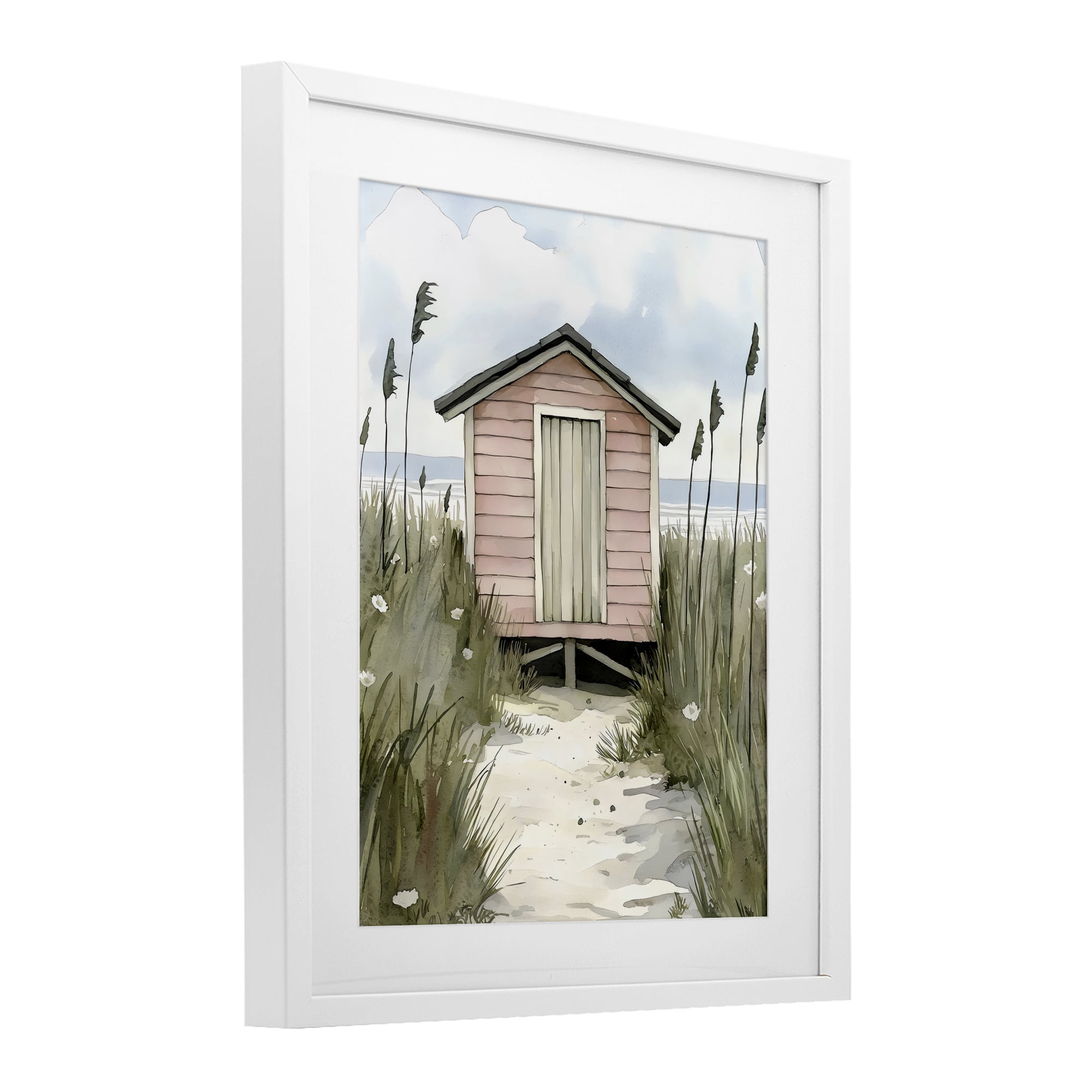 Stupell Industries Coastal Calm Pink Beach Hut White Framed Print Under Glass, design by Riley B