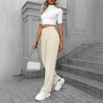 thumbnail image 7 of Zpanxa Women's High Waisted Pants with Button Front Elastic Waist Solid Color Comfort Fit Long Trousers with Pockets for Casual Wear Beige M, 7 of 7
