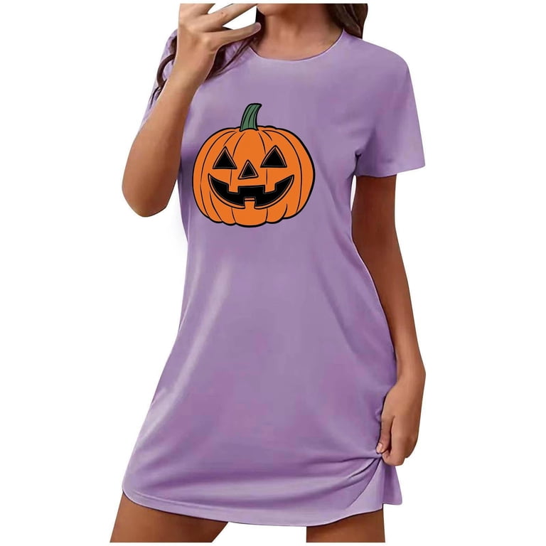 pumpkin t shirt dress Pumpkin Face T Shirt Dress for Women Halloween Graphic Short Sleeve Casual  Tunic Dress Fall Costume Party Outfit