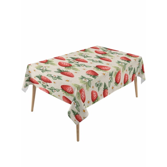 Red Strawberry Table Cloth, Waterproof Tablecloth for Rectangle Tables, Summer Fruits Farmhouse Leaves Floral Retro Reusable Washable Fabric Table Cover for Restaurant Kitchen Dining Tables 54"x108"