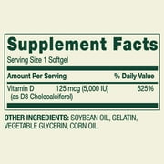 Spring Valley Extra Strength Vitamin D3 Softgels, 125 mcg (5000 IU), 250 Count, Supplement for Bone and Immune Health