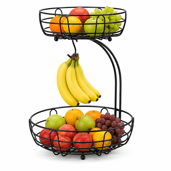ZHOHO TANT 2-Tier Countertop Fruit Basket with Banana Hanger, Metal Wire Storage Organizer for Kitchen