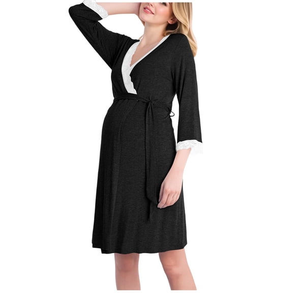 SERTG Womens Lace Trim Wrap Maternity Robe 3/4 Sleeve Tie Waist Lightweight Breathable Soft Stretch Nursing Delivery Postpartum Homewear Nightgown