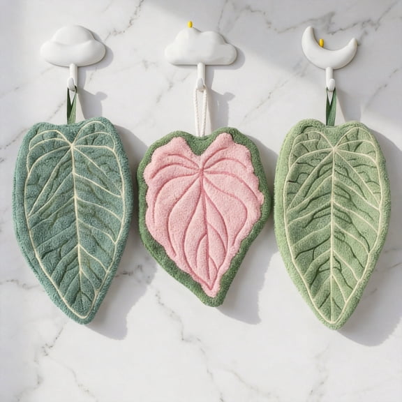 Leaf Hanging Hand Towels 3-Pack with 3 Cloud Moon Adhesive Hooks, Absorbent Coral Fleece Kitchen Bathroom Towel Set, Green Pink White, 6-Piece