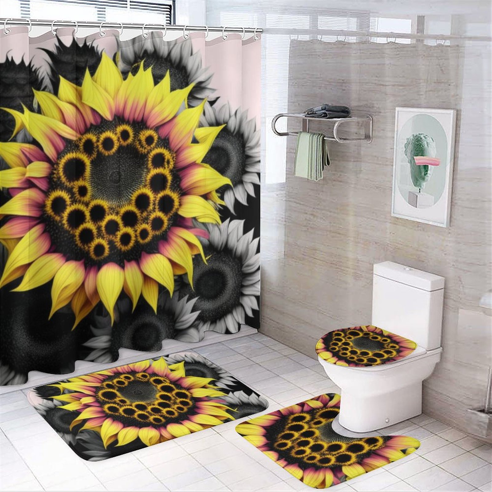 FourPiece Bathroom Set Shower Curtain, Rug, and Towel Collection with Waterproof Oxford