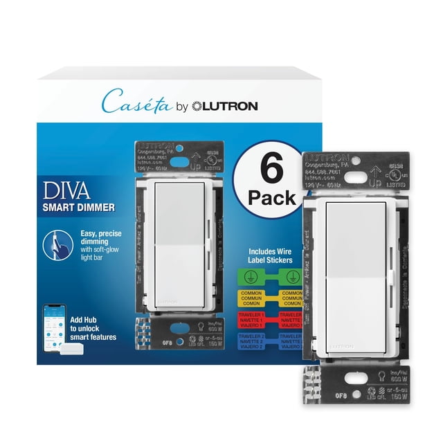 Interruptor Dimmer de Luz Lutron Caseta Diva 150W Sin Neutro Paquete de 6