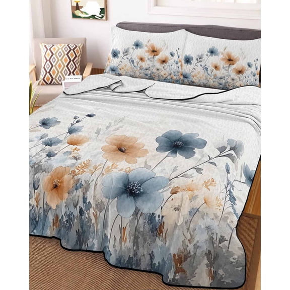 Blue Spring Floral King Size Down Alternative Comforter, Lightweight Comforter Quilt Bedding Set with Pillow Shams Orange Summer Botanical Watercolor All Seasons Bed Comforter Duvet Insert 96"x106"