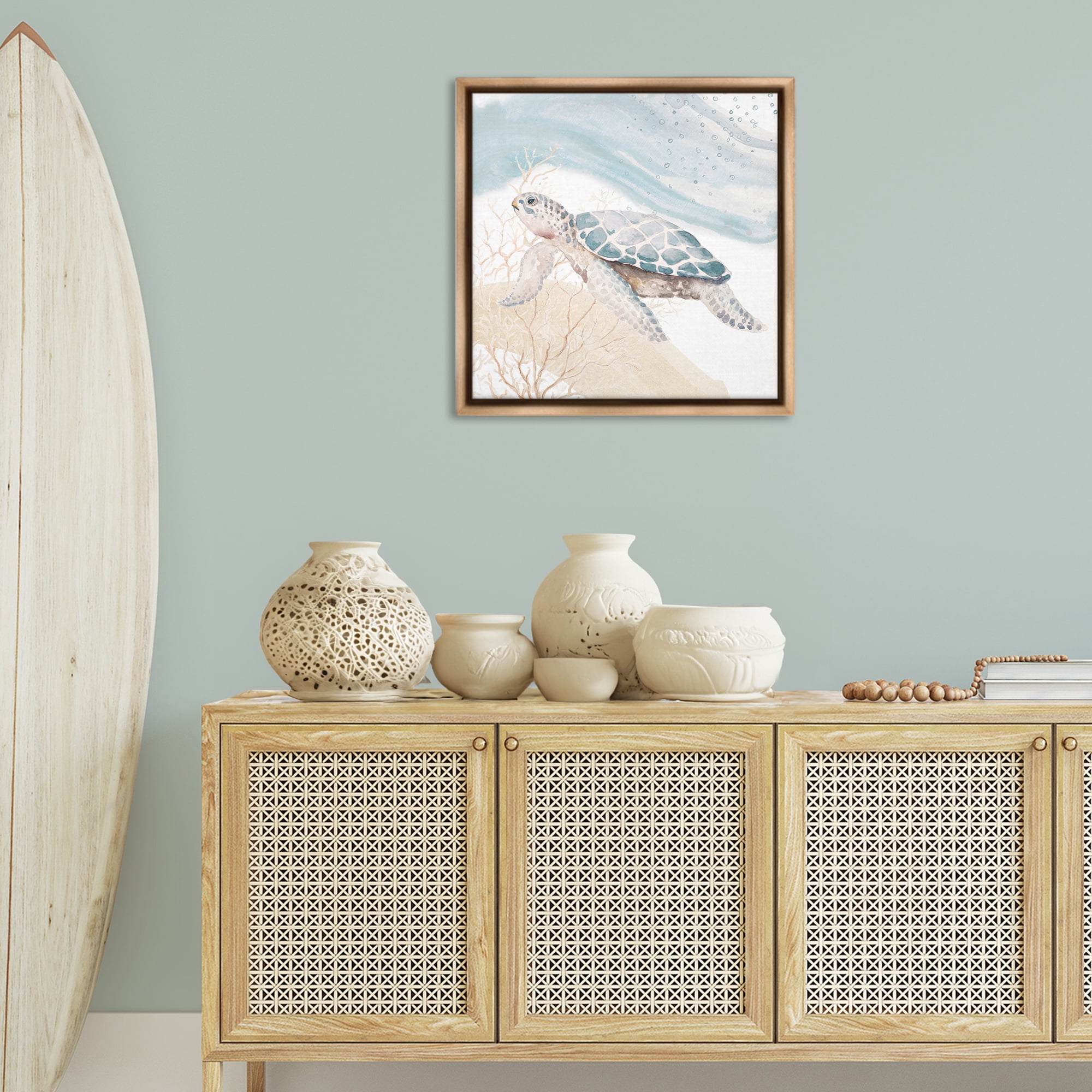 Stupell Industries Swimming Aquatic Turtle Animals & Insects Painting Brown Floater Framed Canvas Art Print Wall Art, 25 x 25
