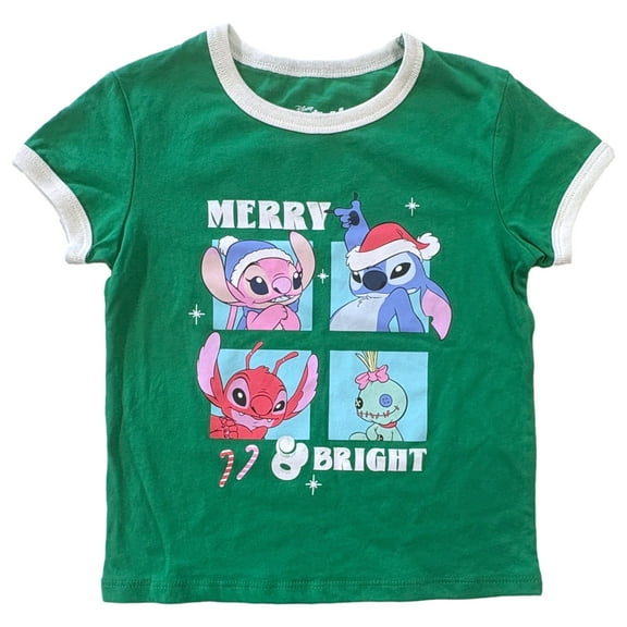 Disney Girls Lelo & Stitch Green Merry & Bright Short Sleeve Christmas T-Shirt M