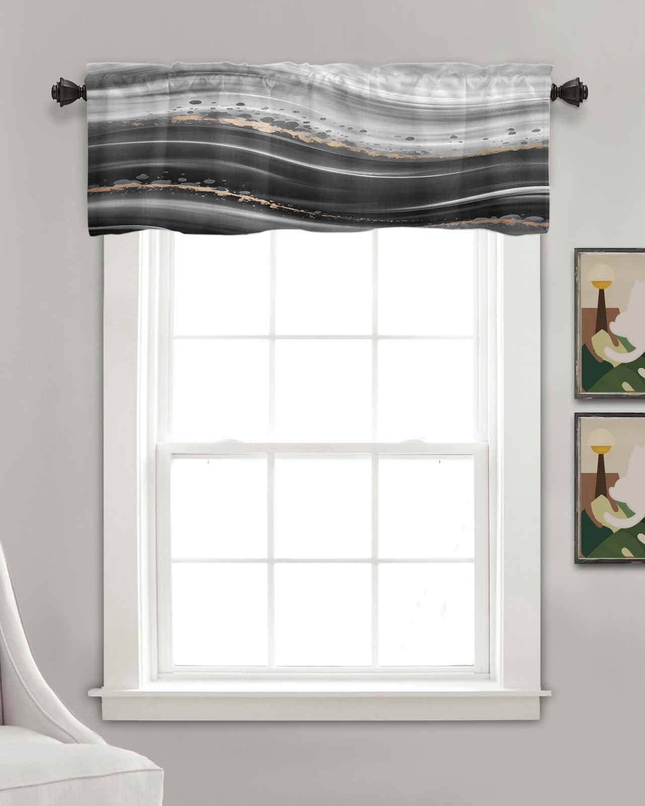 Marble Kitchen Valances for Windows Farmhouse Linen Window Valance Curtain for Living Room Window Treatment Black Grey Oil Painting Gradient Mottled Waves Valance Rod Pocket Topper, 42 x 18 Inch