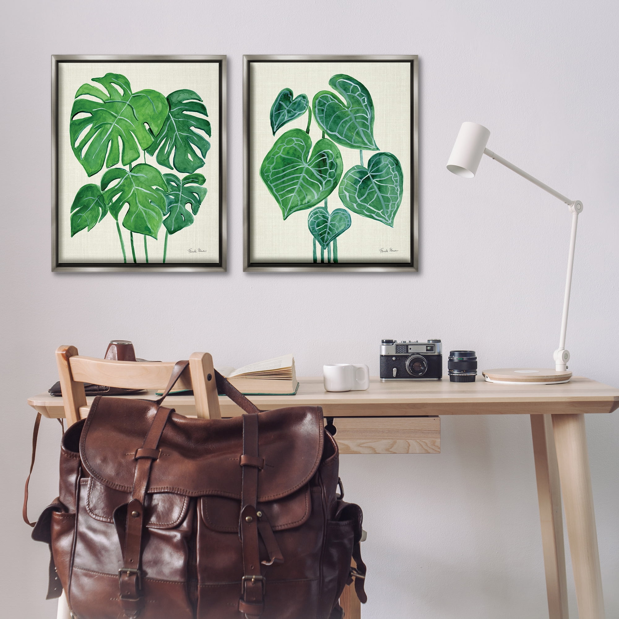 Stupell Industries Thriving Detailed Monstera Leaves Plants & Flowers Painting Gray Floater Framed Canvas Art Print Wall Art, 31 x 25, Set of 2