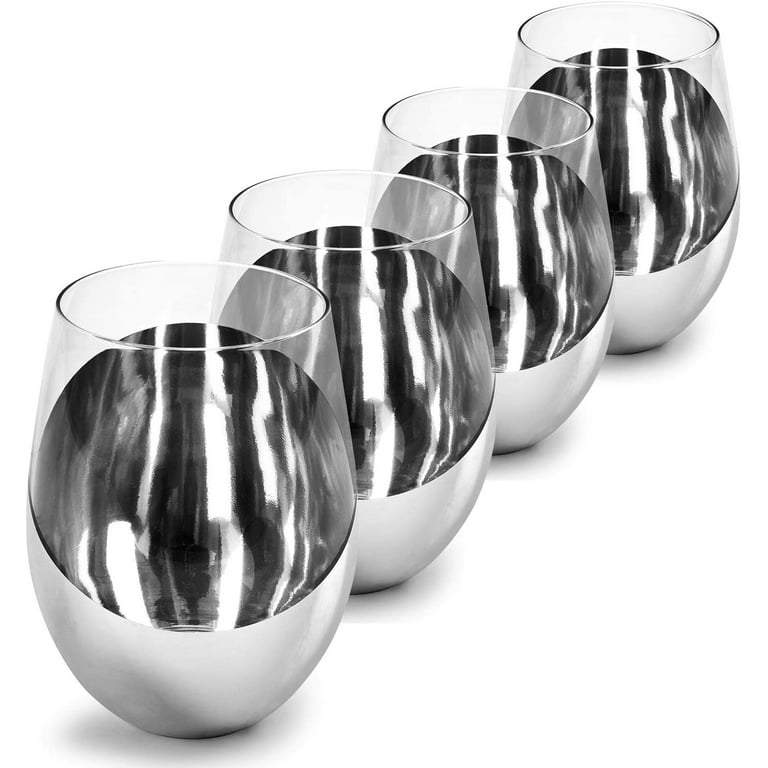 MyGift Modern Stemless Wine Glass Set of 6, White or Red Wine Glasses with  Silver Metallic Bottom Angled Design