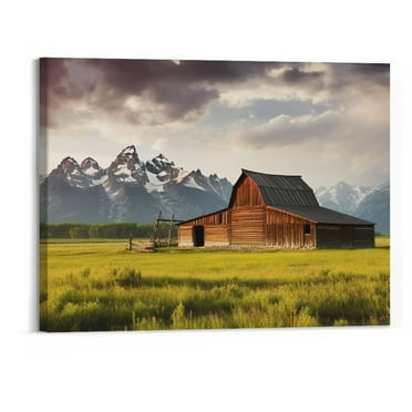 Fenyluxe Old Rustic Barn Mountain Canvas Wall Art Picture Painting Print-Vintage Barn Canvas Artwork Framed for Farmhouse Office Wall Decor-20x16 Inches