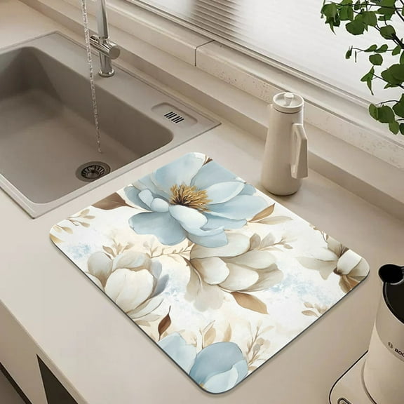 Blue and Beige Magnolias Dish Drying Mat for Kitchen Counter Absorbent Drainer Mats (15.7X11.8inch)