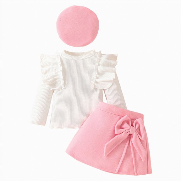 mgoYE Toddler Girl Clothes Solid Long Sleeve Knit Top Ruffle Wrap Tie Skorts Girls Fall Outfits Skirt Set with Beret