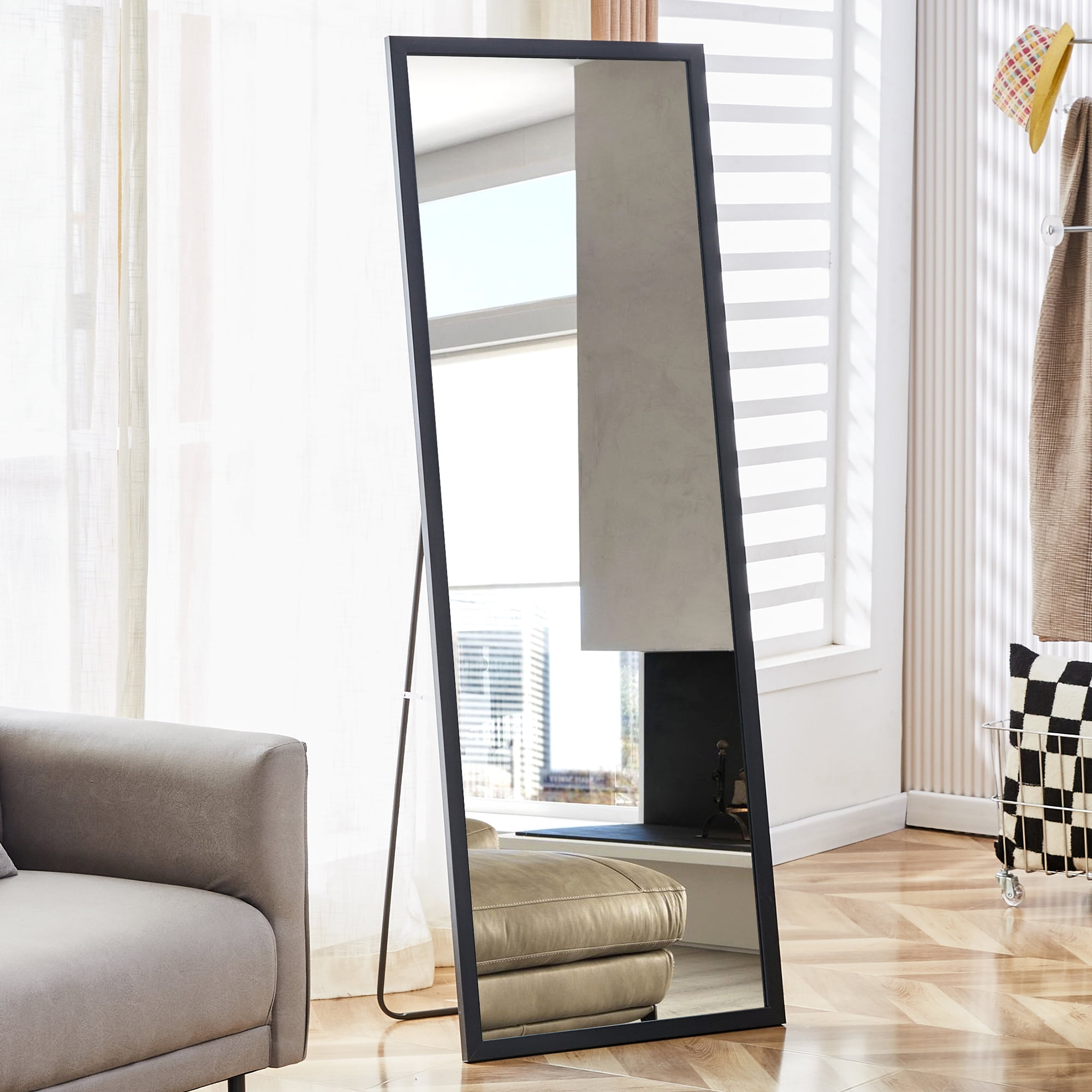 Full-Length Mirror, Dressing Mirror with Wood Grain Solid Wood Frame, Floor Standing Mirror for Living Room, Bedroom, 65"×22.8", Black