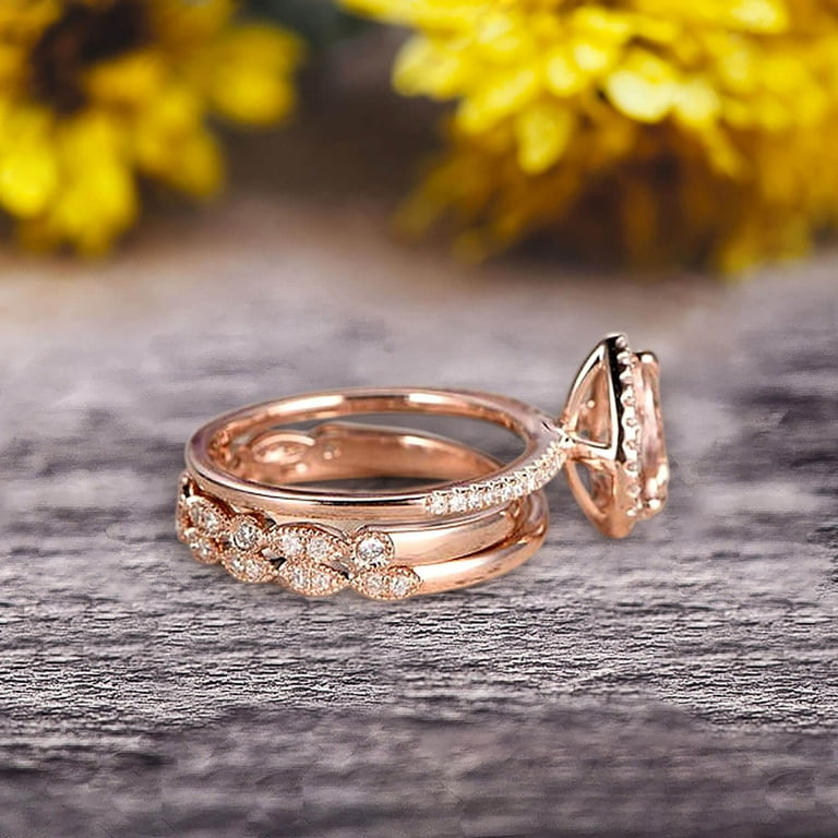 Milgrain Art Deco Pear Shape Morganite Engagement Ring Set 2 Carat Weight Trio Set Stacking Matching Wedding Band Solid 10k Rose Gold Anniversary Ring Walmart