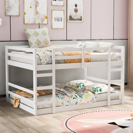 JINS&VICO Full Over Full Kids Low Bunk Bed  Solid Wood Bed Frame with Ladder and Full-length Guardrail  Floor Bunk Bed for Teens Boys and Girls  No Box Spring Required  White