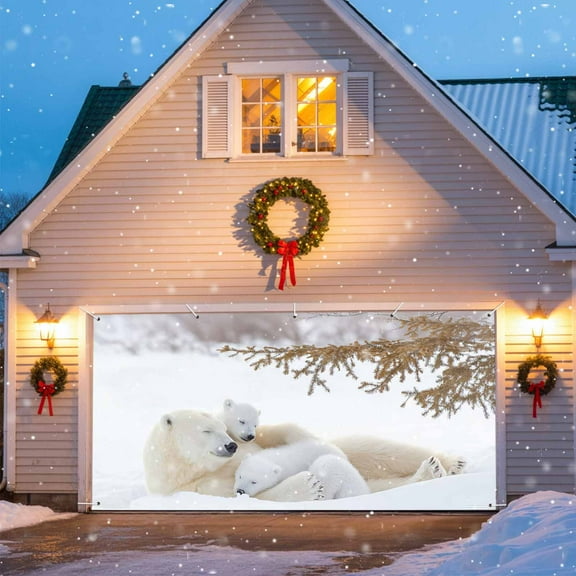 Polar Bear Garage Door Banner Covers, Winter Snowscape Animal Snowfield Large Hanging Indoor/Outdoor Backdrop Background for Christmas Winter Party Decor, 6x13 FT