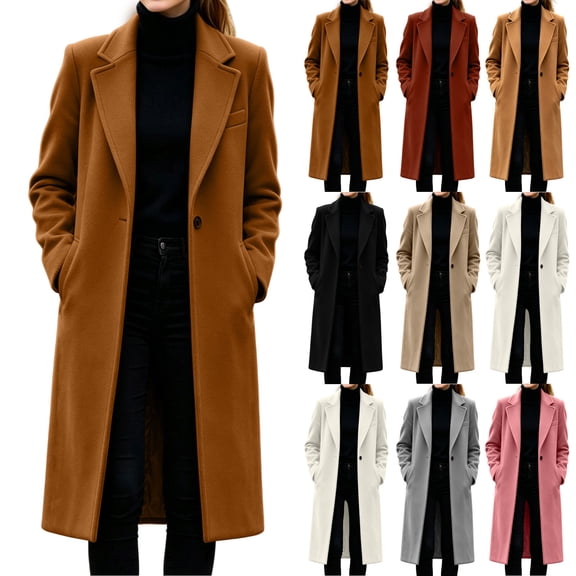 Long Winter Coats for Women Solid Color Long Notch Lapel Button Down Coat with Pockets for Winter Travel and Casual Weekend Wear