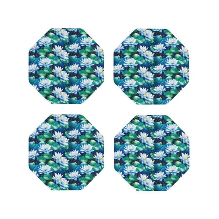 

Tideii Blue Lotus Flower for Leather Coasters 4 Pieces Anti-fouling and Anti-scalding Decorative Coasters Suitable for Restaurants Kitchens Coffee Shops-Octagon