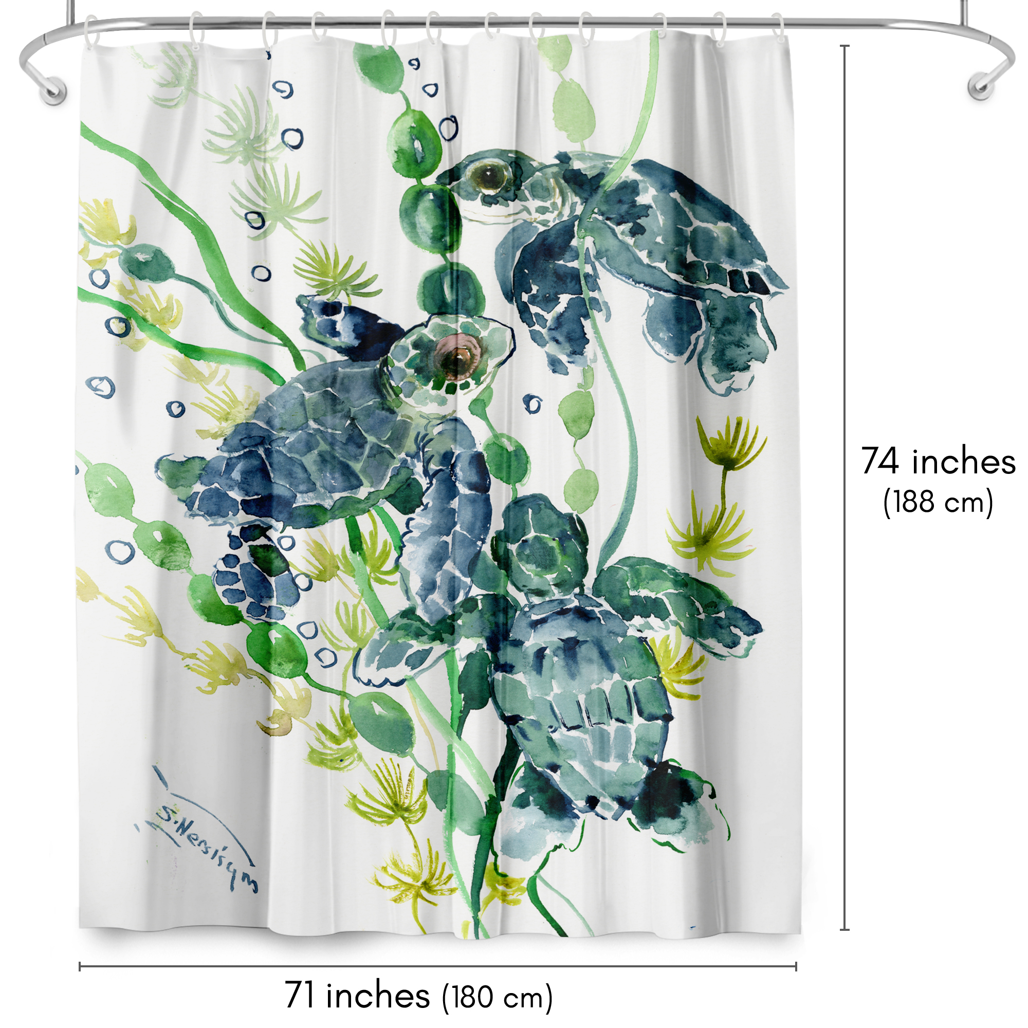 Americanflat 71" x 74" Shower Curtain, Three Sea Turtles by Suren Nersisyan