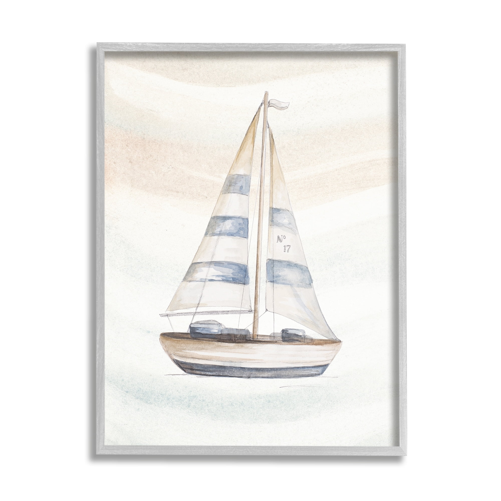 Stupell Industries Nautical Sailboat Drifting Pale Abstract Ocean Waves Graphic Art Gray Framed Art Print Wall Art, Design by Patricia Pinto