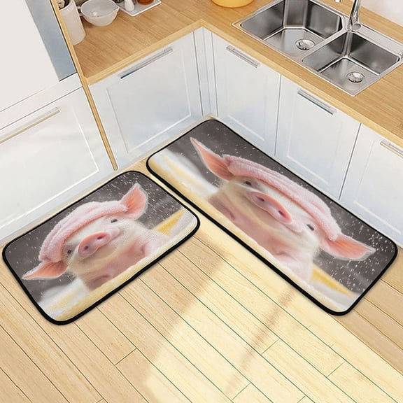 Kitchen Rugs and Mats【2 PCS】Non Skid Cute Pig Showering Creative Kitchen Mat