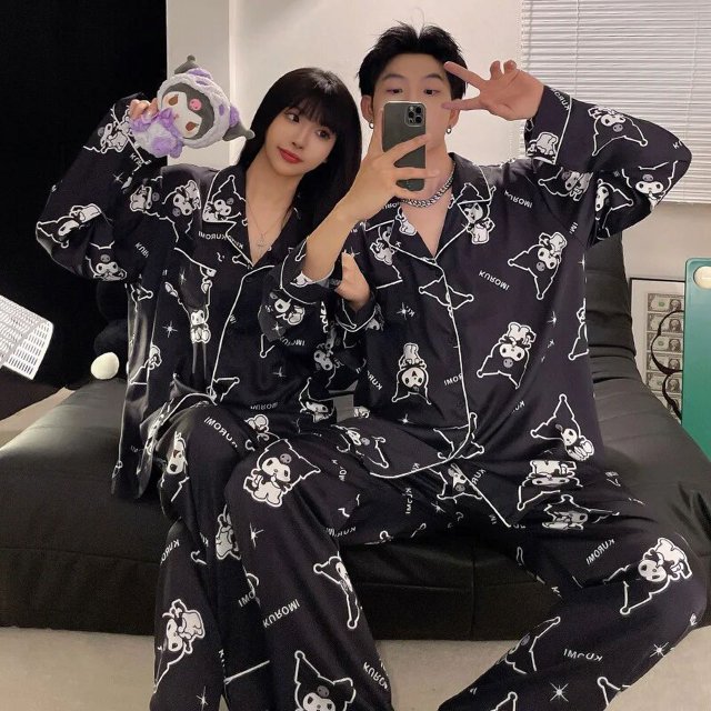 Sanrio Kuromi-Pijama de manga larga para hombre y mujer, traje holgado de dibujos animados para el hogar, primavera, verano y otoño, novedad