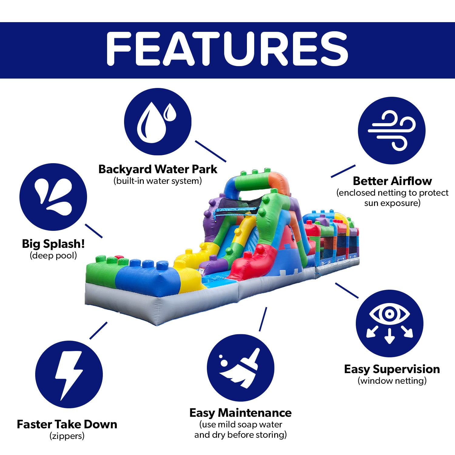 HeroKiddo 42ft Long 4 in 1 Inflatable Obstacle Course with Dual Lane Water Slide, Wet Dry Fun for Kids