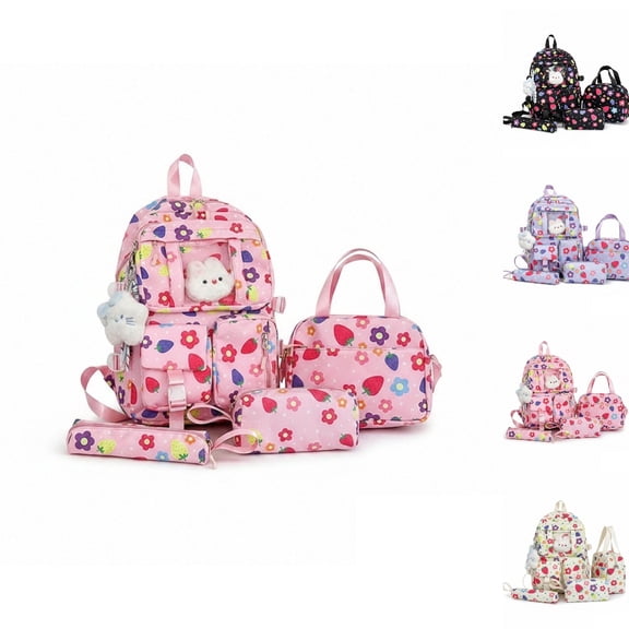 HJYCHN Girls Backpack Strawberry Floral Print 4Pc Set Daypack with Multi Pockets Charm Back to School Supplies for Kids Backpack for Boys Pink