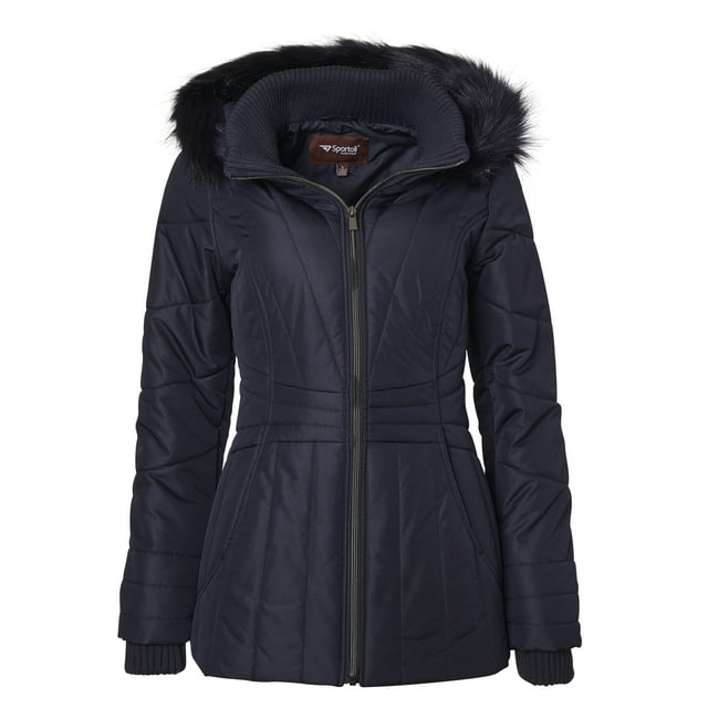 Womens Winter Coat Faux Fur Trim Hooded Down Alternative Puffer Jacket - Navy (Small)