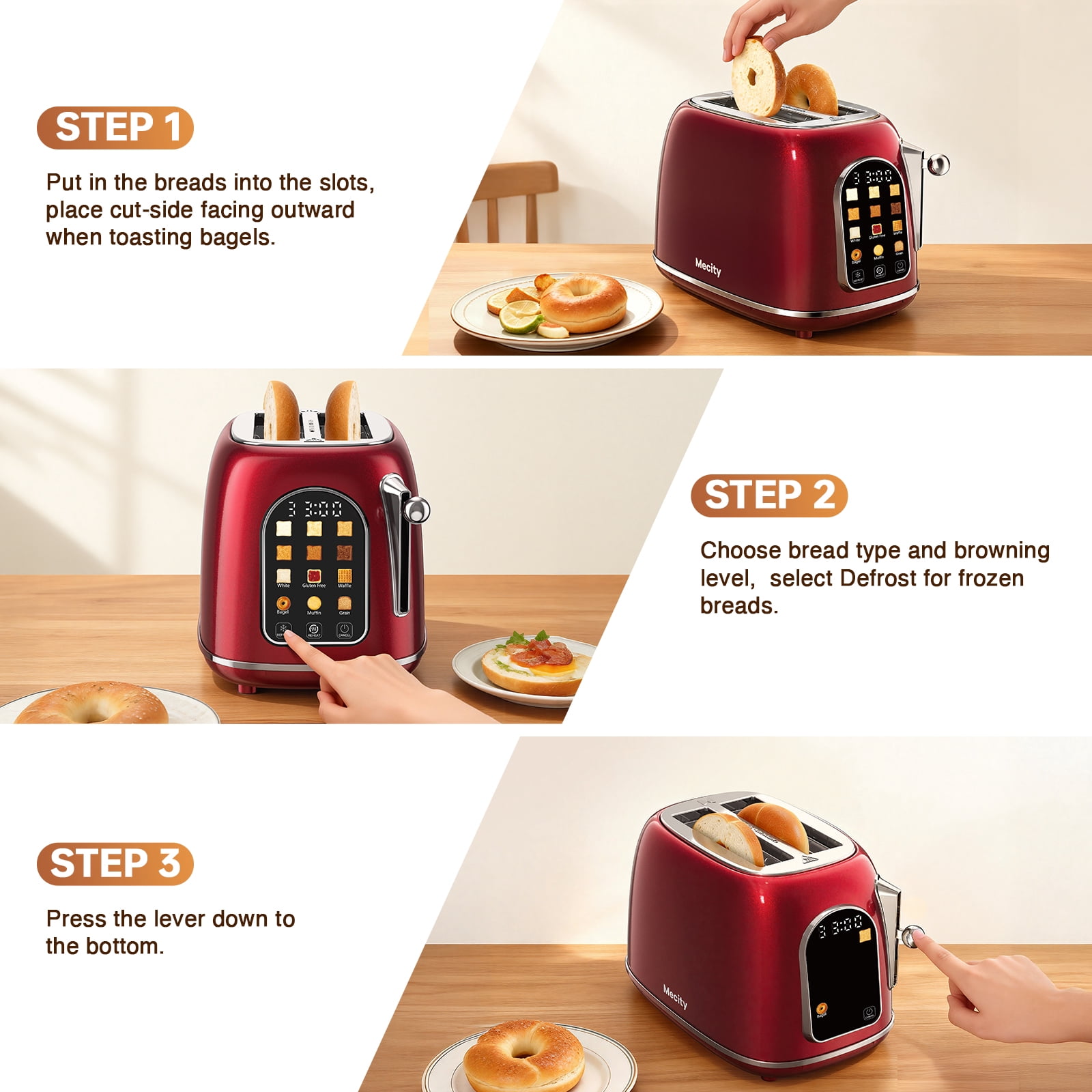 Mecity Easy Touch Screen Toaster 2 Slice – Retro Wide Slot Stainless Steel Toaster with Large Display, 6 Browning Levels, Bagel, Defrost & Reheat, Removable Crumb Tray, Red Pearl