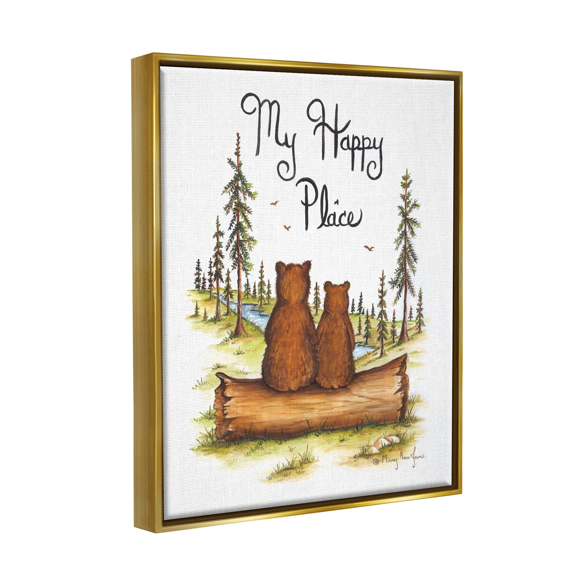 Stupell My Happy Place Woodland Lake Bears Animals & Insects Painting Gold Floater Framed Art Print Wall Art