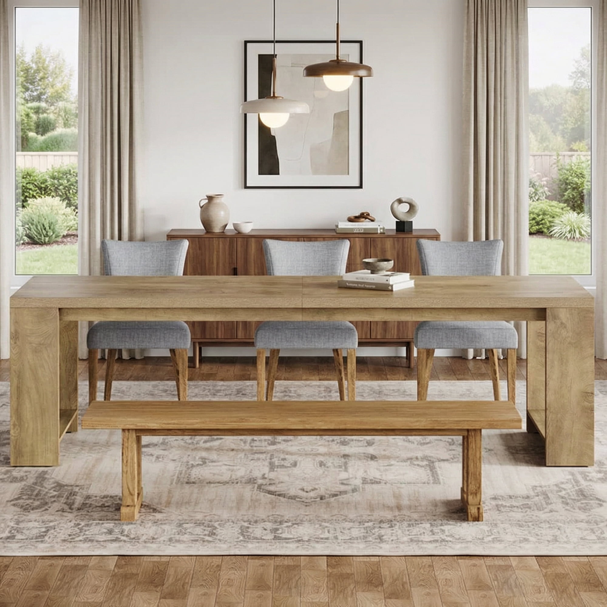 86 Inch Farmhouse Dining Table, Rustic Large Kitchen Table For 8-10 People, Solid MDF Dinner Table With Oak Finish, Versatile Table For Home & Office Gatherings