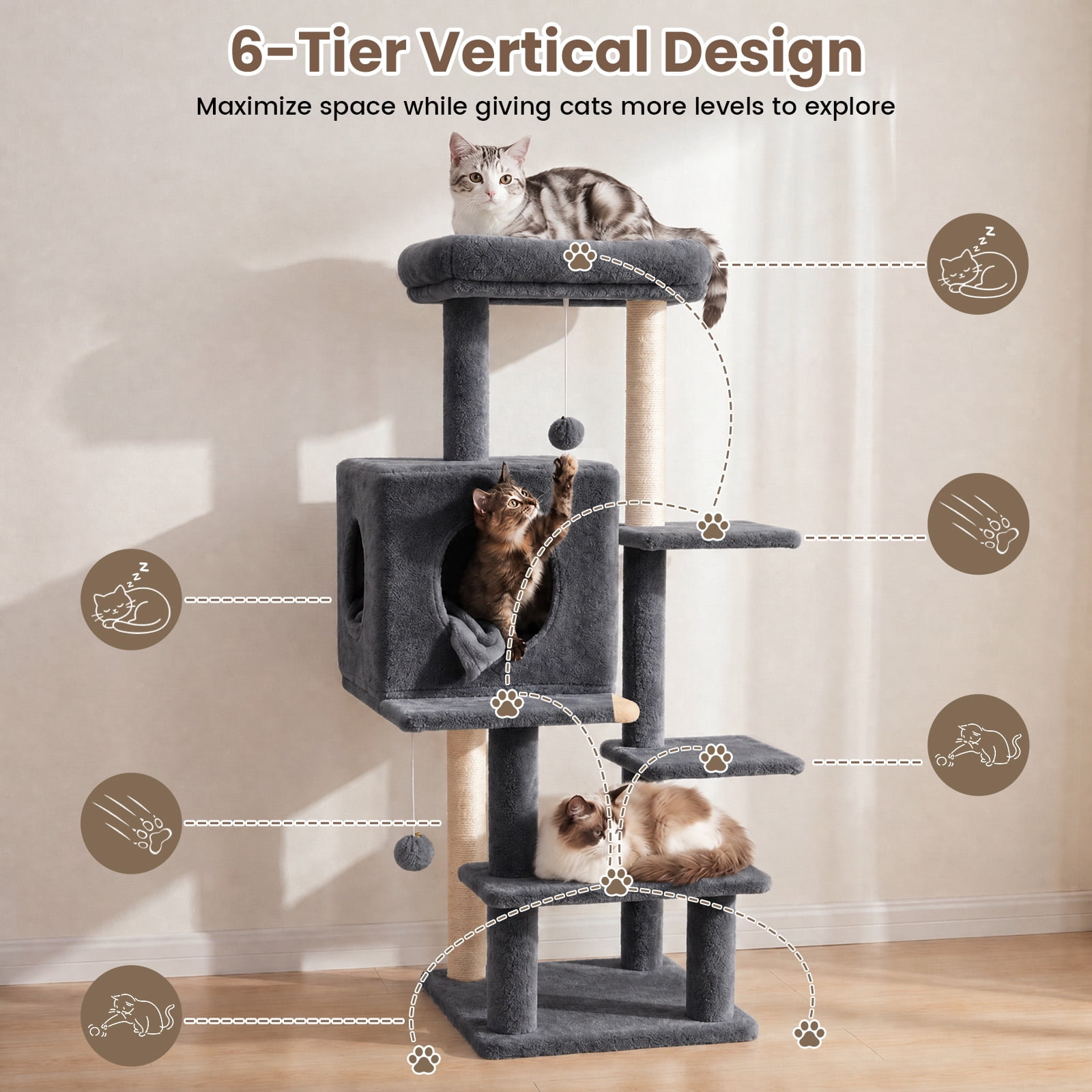 Sturdy 40-inch Cat Tree Tower with Cat Cave & Ramp Steps - Multi-Level Play & Sleep Center for Large Indoor Cats, Dark Gray