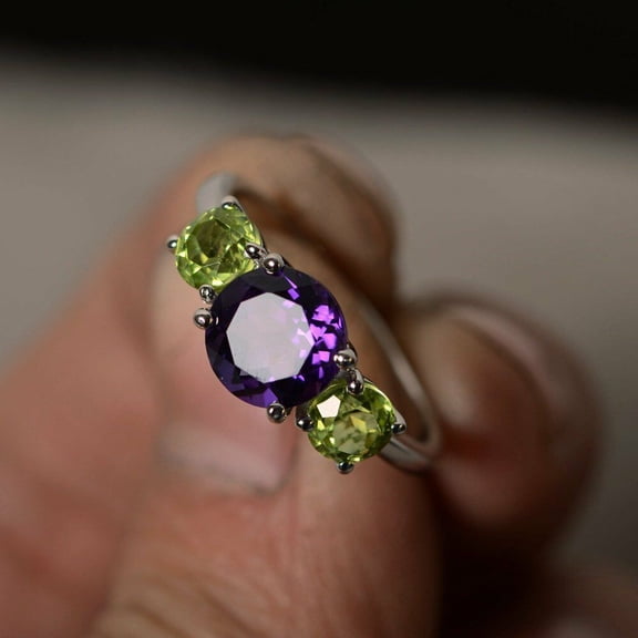 HeartsAndYou 2ct Natural Purple Amethyst Trilogy Ring 14k SOLID White Gold Peridot Accents