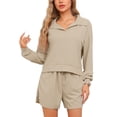 thumbnail image 1 of INSPIRAR CHIC Conjuntos de Pijamas para Mujeres de 2 Piezas, Conjuntos de Lounge de Tejido Waffle, Parte Superior de Manga Larga y Pantalones Cortos con Bolsillos L Beige, 1 of 5