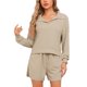 thumbnail image 1 of INSPIRAR CHIC Conjuntos de Pijamas para Mujeres de 2 Piezas, Conjuntos de Lounge de Tejido Waffle, Parte Superior de Manga Larga y Pantalones Cortos con Bolsillos XS Beige, 1 of 5