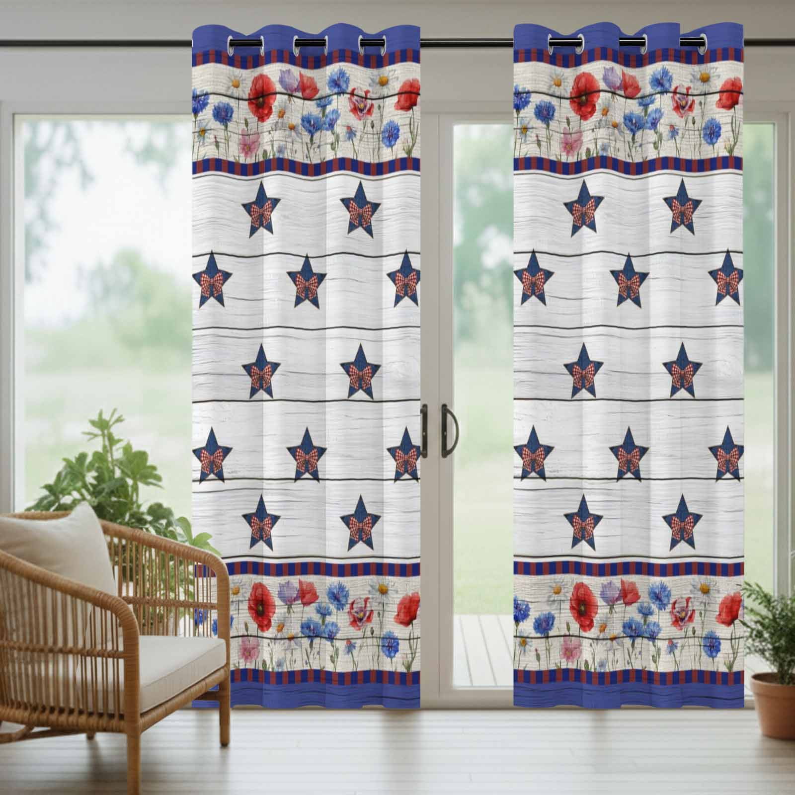 Vintage Star Outdoor Curtains for Patio, Red Blue Bow Country Stars Poppy Floral Wood Grain Sunshade Privacy Drapes Grommet Waterproof Outside Curtains for Porch/Cabana/Balcony 54"x 108", 1 Panel