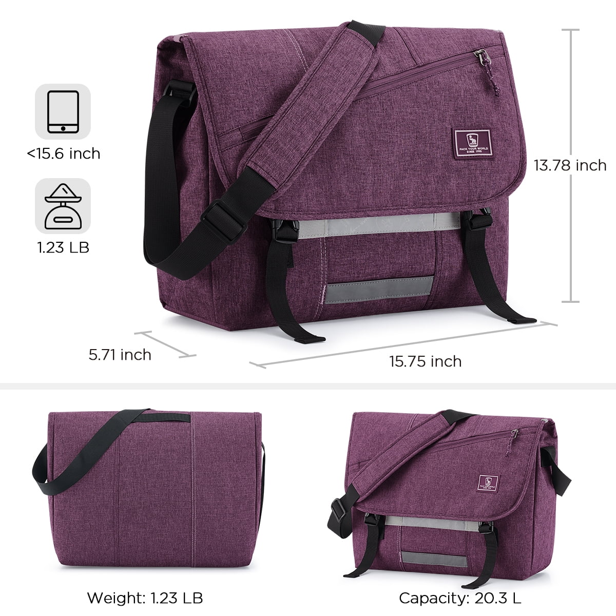 OIWAS 15.6 inch Laptop Messenger Satchel for Men Women, Large Casual Briefcase with Adjustable Strap, Purple
