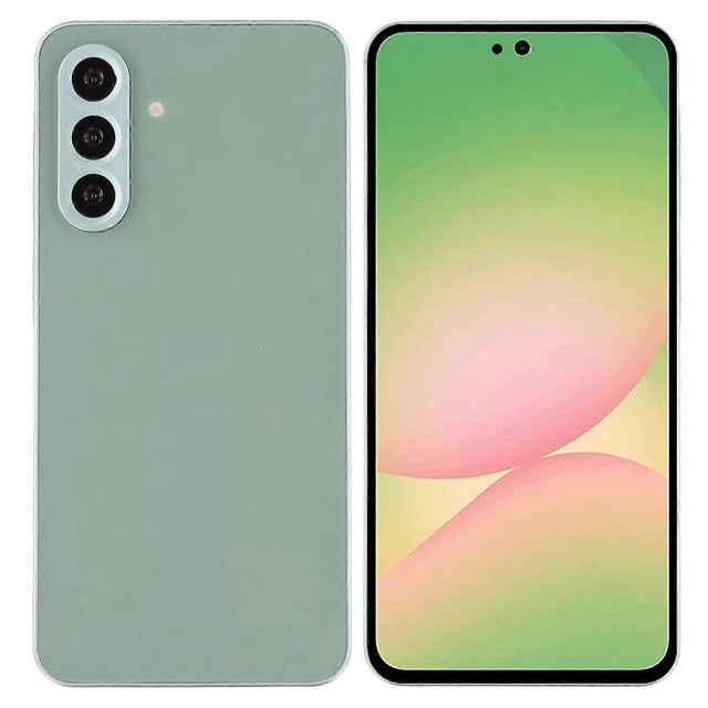 x3p for samsung galaxy a56 5g color screen dummy phone shooting b2y counter display toys (without lo modelo dummy Galaxy A56 5G, vista frontal y trasera; panel trasero verde salvia mate con módulo triple de cámara vertical y marco blanco, marcos frontales negros alrededor de pantalla de color con perforación central. Réplica no funcional, ideal para mostrador de tienda, probar fundas, juguete didáctico o decoración de fiesta.