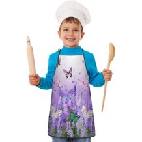 Urple Butterfly Flower Pattern Kids Aprons for Girls and Boys,Adjustable Neck Strap Toddler Aprons for Kids Cooking Baking