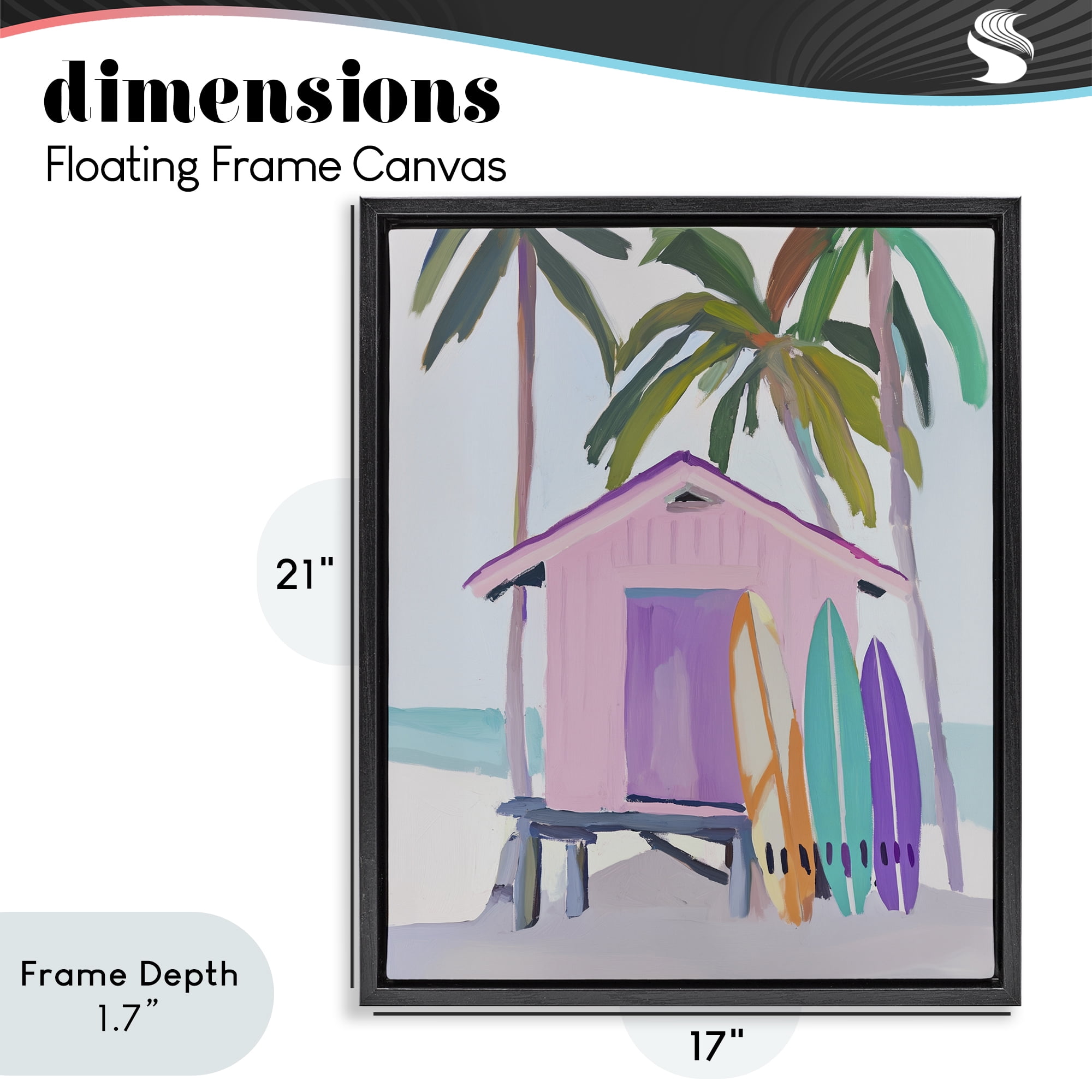 Stupell Industries Pink Beach Hut with Surfboards Black Framed Floater Canvas Wall Art, design by Sisi and Seb