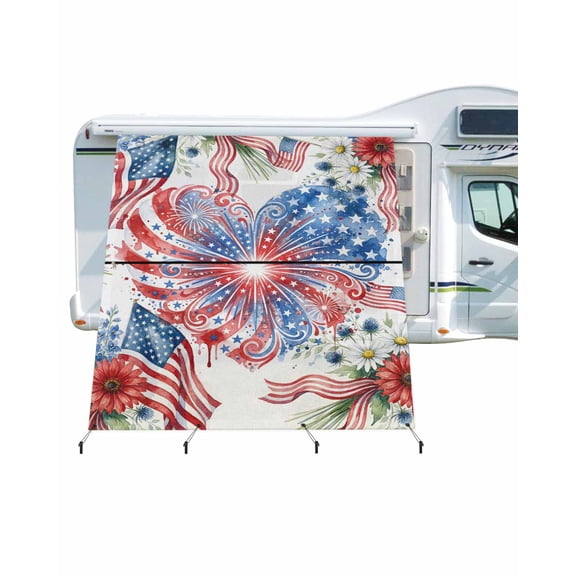 4th of July RV Awning Sun Shade Screen 9'X7' Patriotic Love Heart Mesh Sunscreen USA Flag Daisy Fireworks Awning Shade Screen with Zipper UV Blocker Completed Kits for RV Motorhome Camper