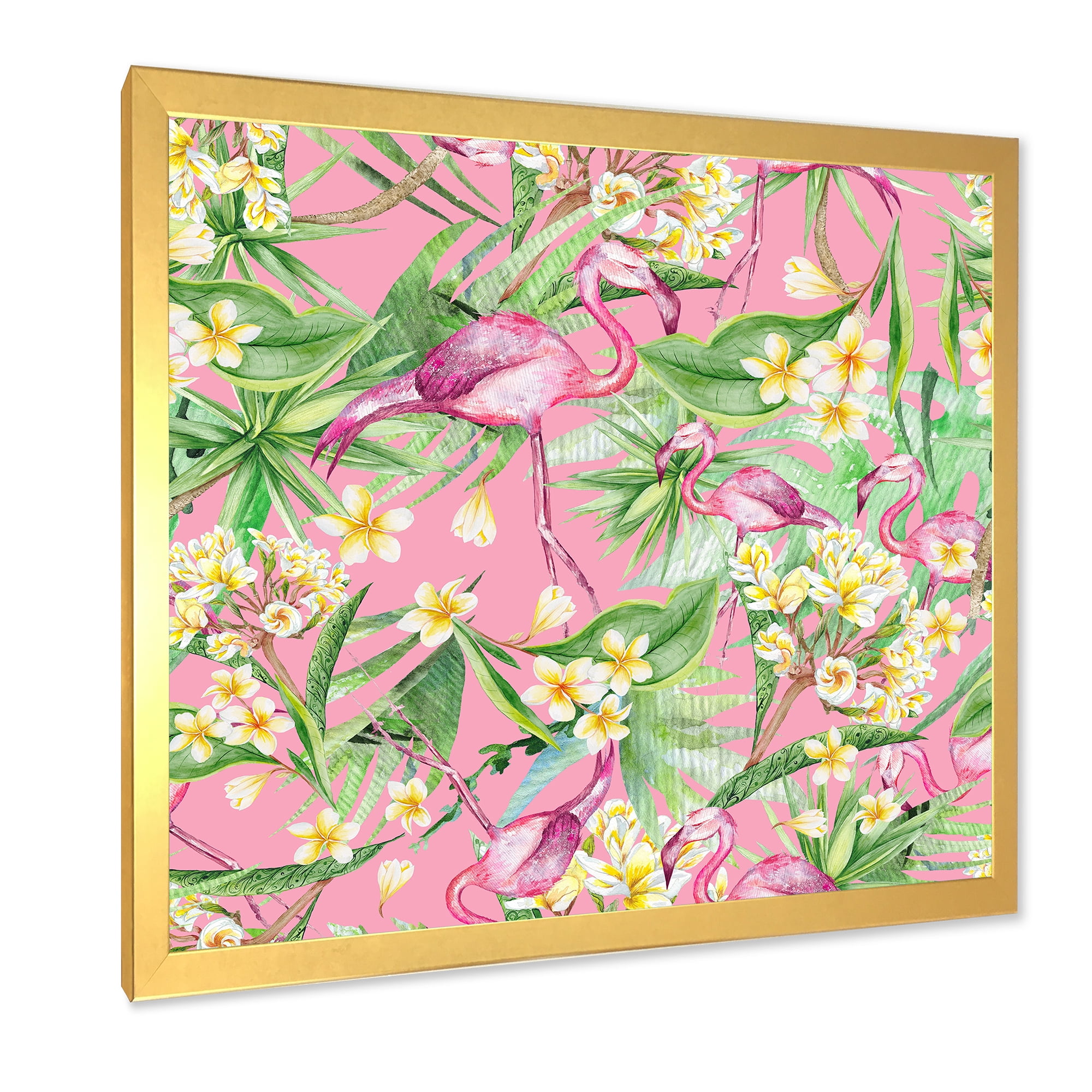 Designart 'Yellow Flowers, Tropical Foliage With Flamingo III' Modern Framed Art Print