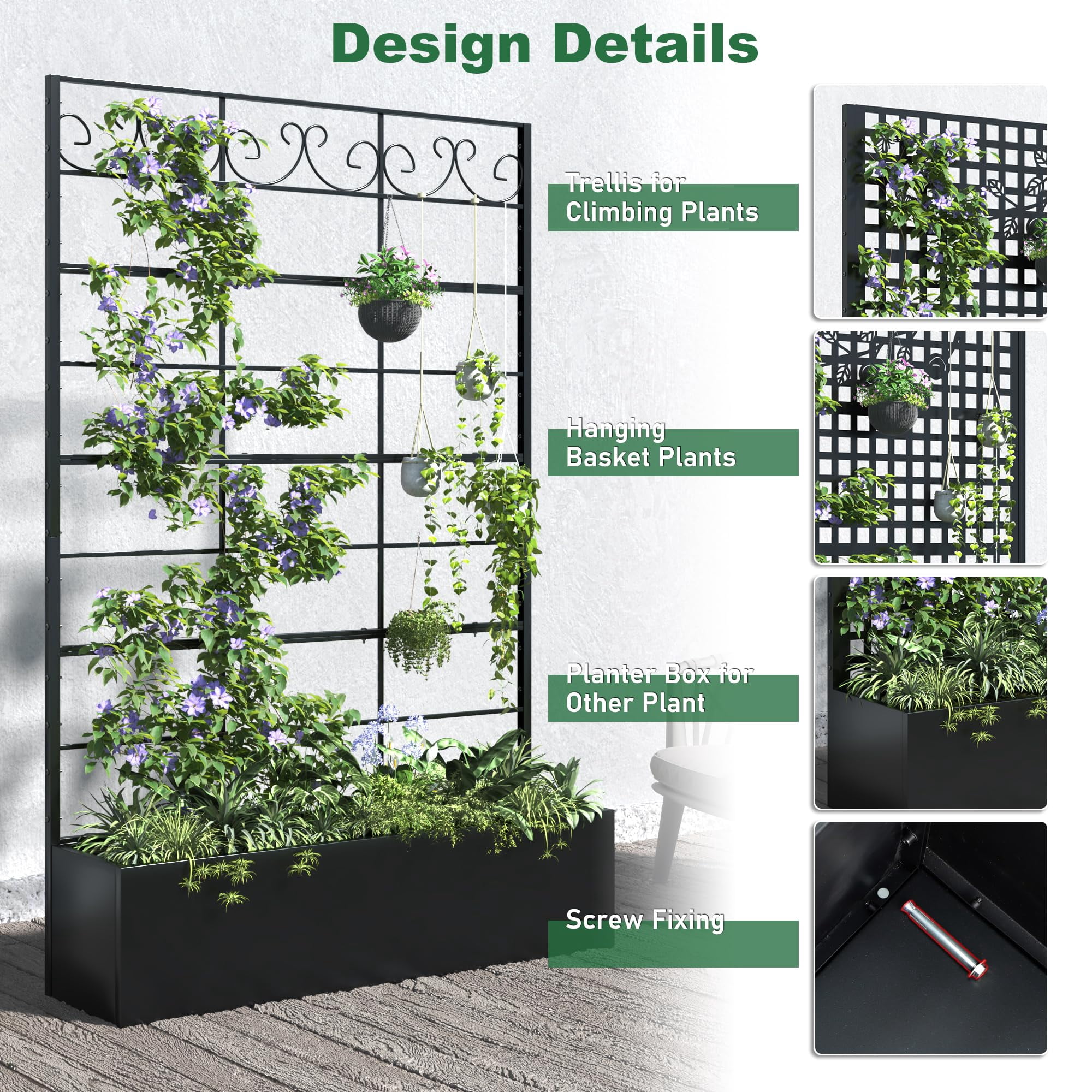 ANPOO Metal Raised Garden Bed with Trellis, 70.9"x47.2"x12" Outdoor Planter Box with Drainage Holes, Black Privacy Screen for Climbing Plants, Patio & Balcony