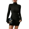 thumbnail image 3 of Vestido Tipo Suéter de Punto Acanalado para Mujer, de Larga, Fruncido, Ajustado, con Cuello Alto y Cintura Alta Negro M, 3 of 9